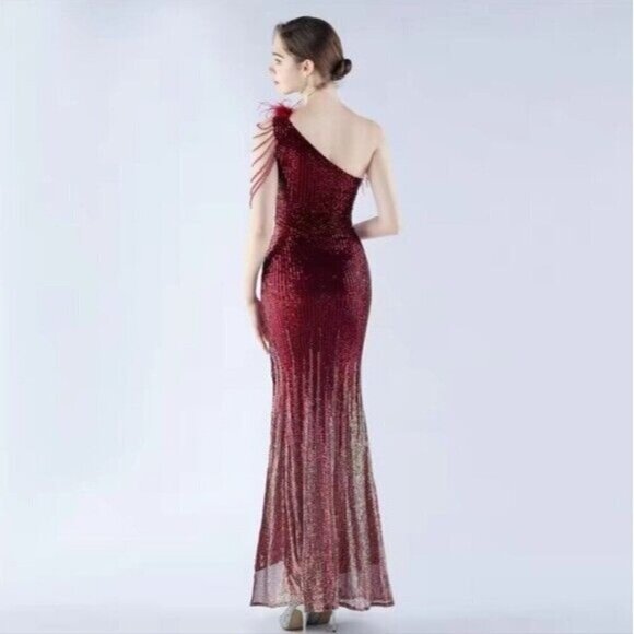 Crimson, One Shoulder Beaded,  Feather Neckline,  Sleeveless,  Sequined Gown - Picture 6 of 14